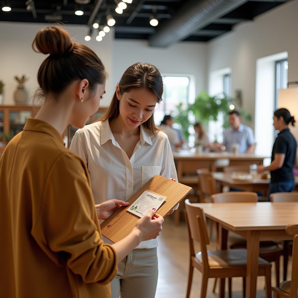 Người tiêu dùng xem xét sản phẩm nội thất tại cửa hàng có dán nhãn FSC, tìm địa chỉ mua gỗ FSC ở đâu.